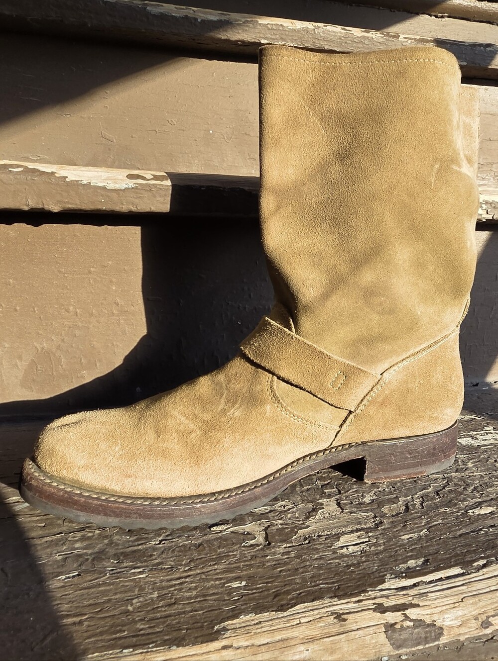 Frye Veronica Short 70590 Womens Green Tan Suede Hook & Loop Engineer Boots - Picture 9 of 15